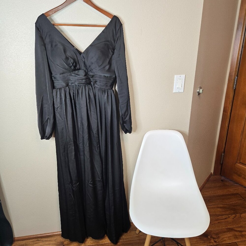 NWT Formal Dress Gown Black Satin Long Sleeve Ball Holiday Maxi